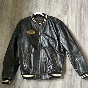 Harley-Davidson Black Leather Bomber with Gold Trim